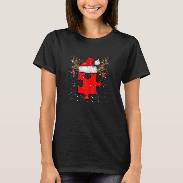 Womens Autism Puzzle Reindeer Santa Hat Christmas  T-Shirt (Vorderseite)