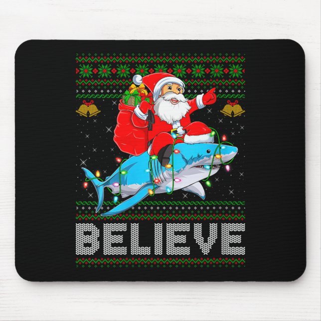 Womens Believe Xmas Funny Santa Riding Shark Ugly  Mousepad (Vorne)