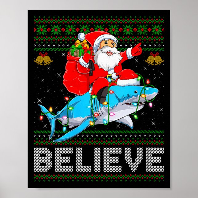 Womens Believe Xmas Funny Santa Riding Shark Ugly  Poster (Vorne)