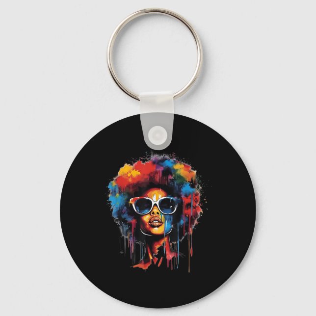 Womens Black Queen Afro Melanin Paint Dripping Jun Schlüsselanhänger (Vorderseite)
