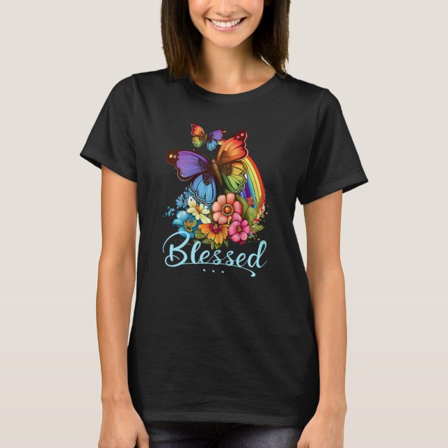 Womens Blessed Christian Butterfly Pretty Floral R T-Shirt (Vorderseite)