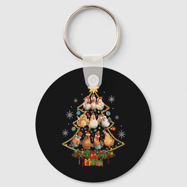 Womens Chicken Christmas Tree Santa Hat Xmas Light Schlüsselanhänger (Vorderseite)