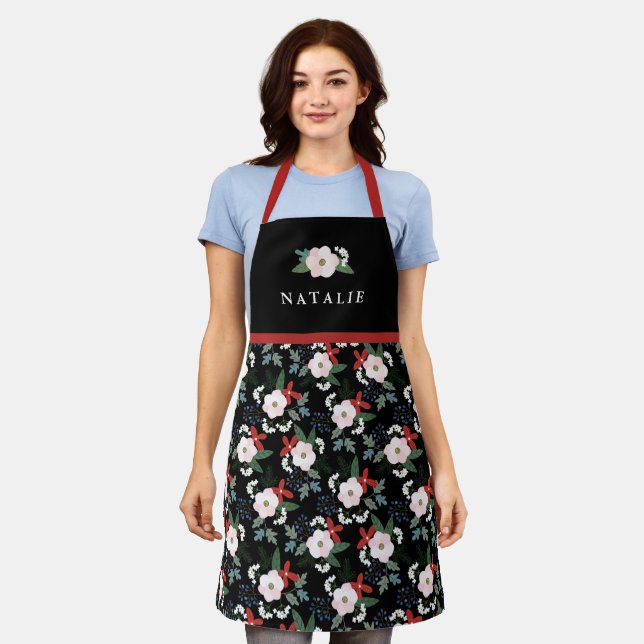 Womens Christmas Floral Pattern Name Black Schürze (Getragen)