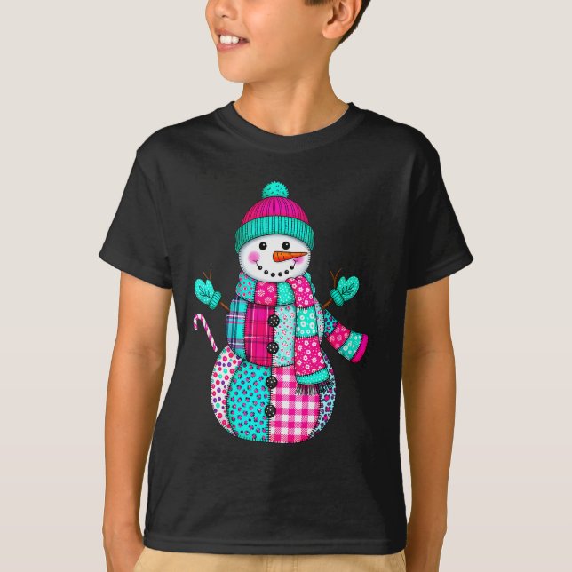 Womens Christmas Patchwork Snowman Preppy Retro Me T-Shirt (Vorderseite)