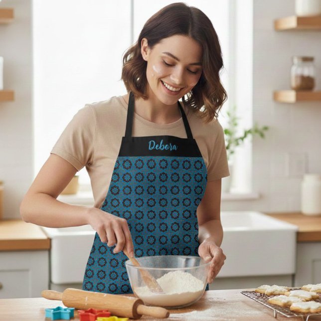 Women's Custom Name Blue Geometric Pattern Apron Schürze (Von Creator hochgeladen)
