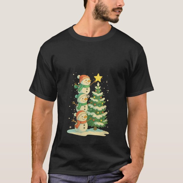Womens Cute Christmas Snowman Watercolor Xmas Tree T-Shirt (Vorderseite)