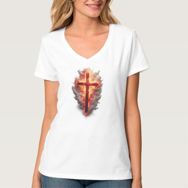 Women's Flaming Christian Cross V-Neck Tee (Vorderseite)