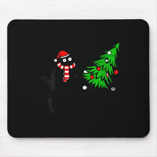 Womens Funny Black Cat Gift Pushing Christmas Tree Mousepad (Vorne)