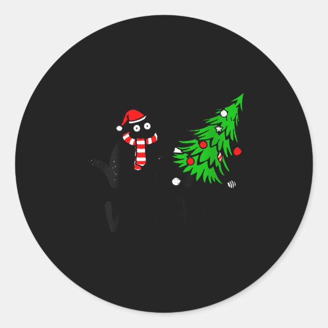 Womens Funny Black Cat Gift Pushing Christmas Tree Runder Aufkleber (Vorderseite)