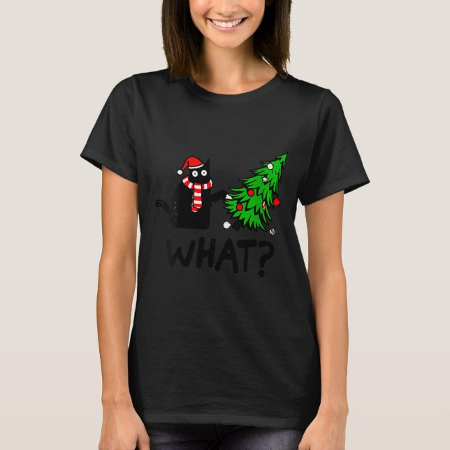 Womens Funny Black Cat Gift Pushing Christmas Tree T-Shirt (Vorderseite)