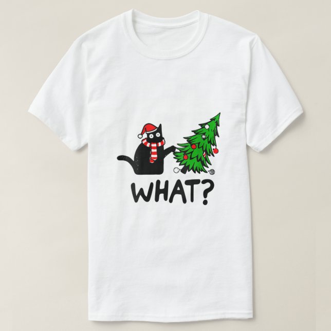Womens Funny Black Cat Gift Pushing Christmas Tree T-Shirt (Design vorne)