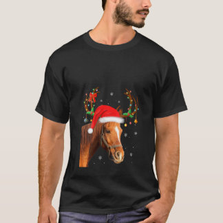 Womens Funny Horse Lover Xmas Lights Reindeer Sant T-Shirt