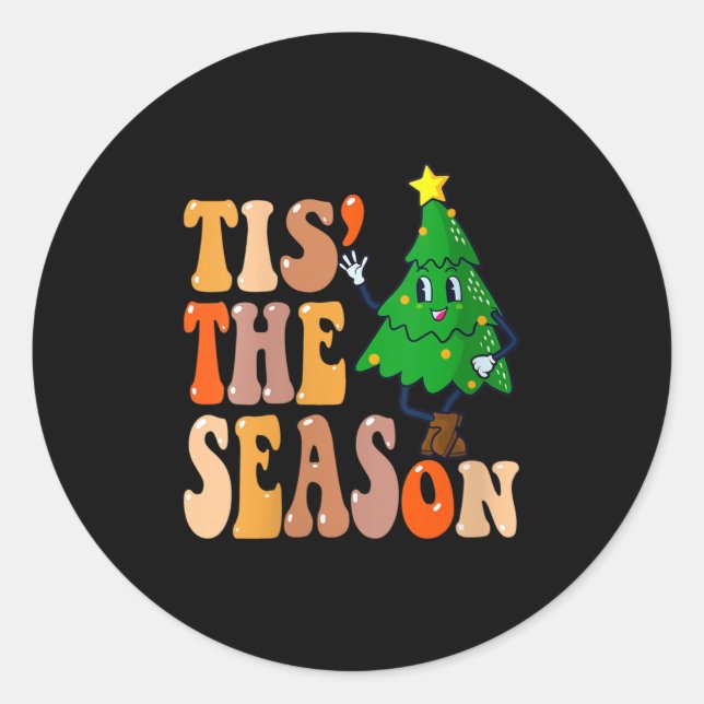 Womens Groovy Tis The Season Christmas Hippie Pine Runder Aufkleber (Vorderseite)
