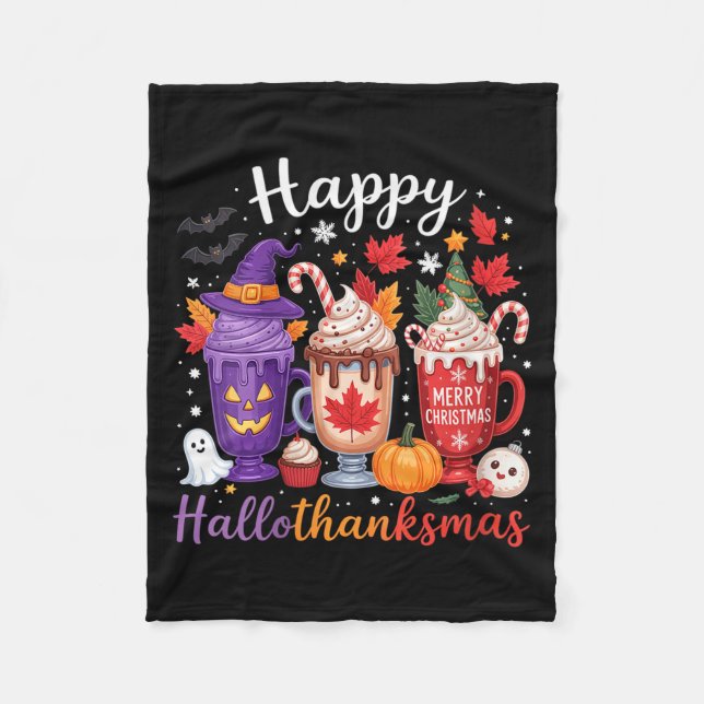 Womens Happy Hallothanksmas Coffee Lover Halloween Fleecedecke (Vorderseite)