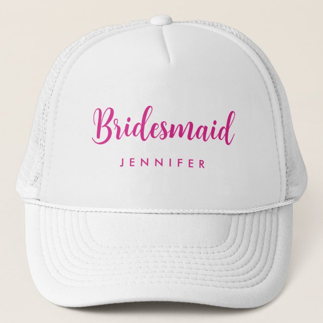 Womens Hot Pink Bachelorette Bridesmaid Name Truckerkappe (Vorderseite)
