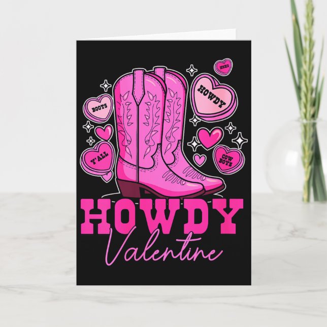 Womens Howdy Valentine _ Hübsche rosa Cowboystiefe Karte (Vorderseite)