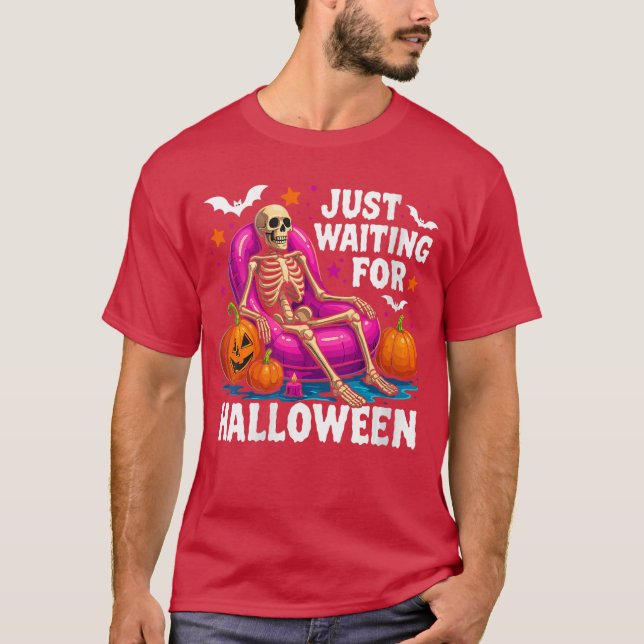 Womens Just Waiting for Halloween Skeleton Spooky  T-Shirt (Vorderseite)