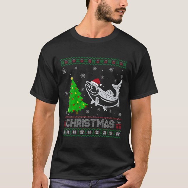Womens Lachs Xmas Tree Lighting Ugly Weihnachtssch T-Shirt (Vorderseite)