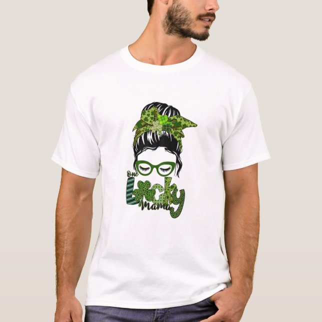 Womens Lucky Mama Messy Bun Shamrock T-Shirt (Vorderseite)