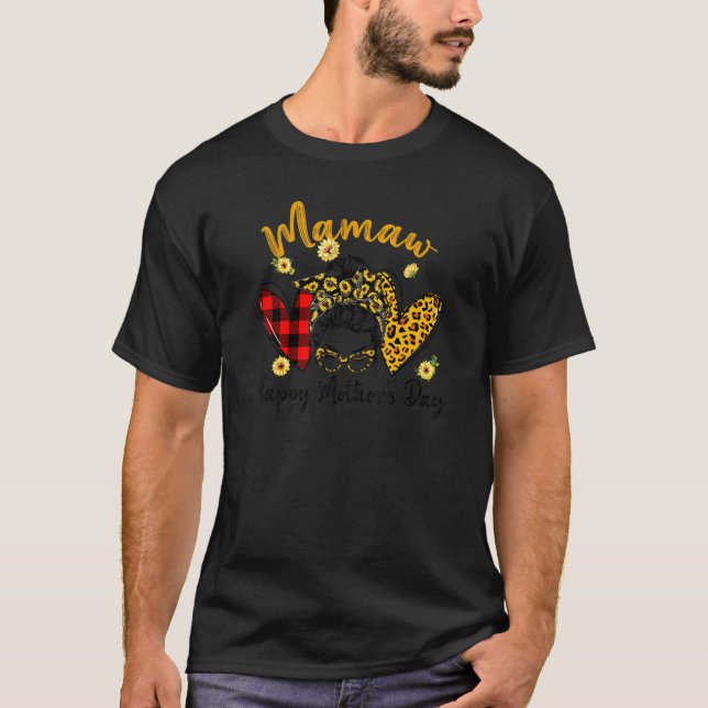 Womens Mamaw Life Leopard Kariert Hearts Messy Bun T-Shirt (Vorderseite)