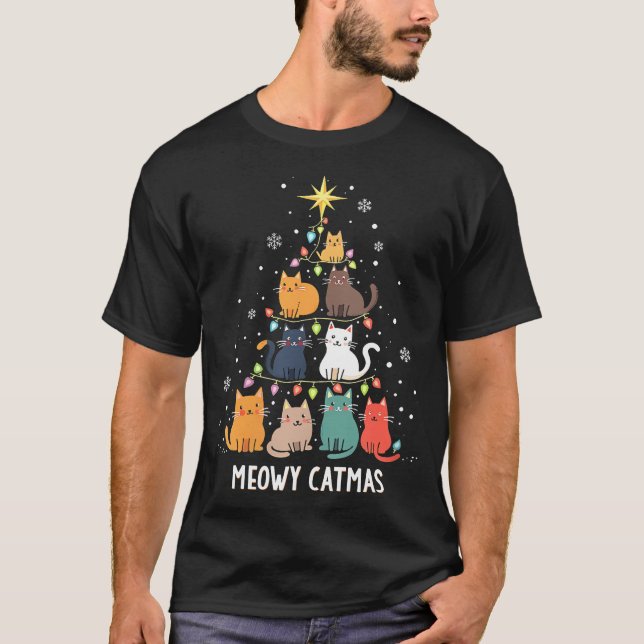 Womens Meowy Catmas Weihnachtsbaum Weihnachtsjunge T-Shirt (Vorderseite)