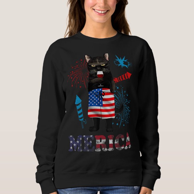 Womens  Merica Black Cat Wine Glass Firework USA F Sweatshirt (Vorderseite)