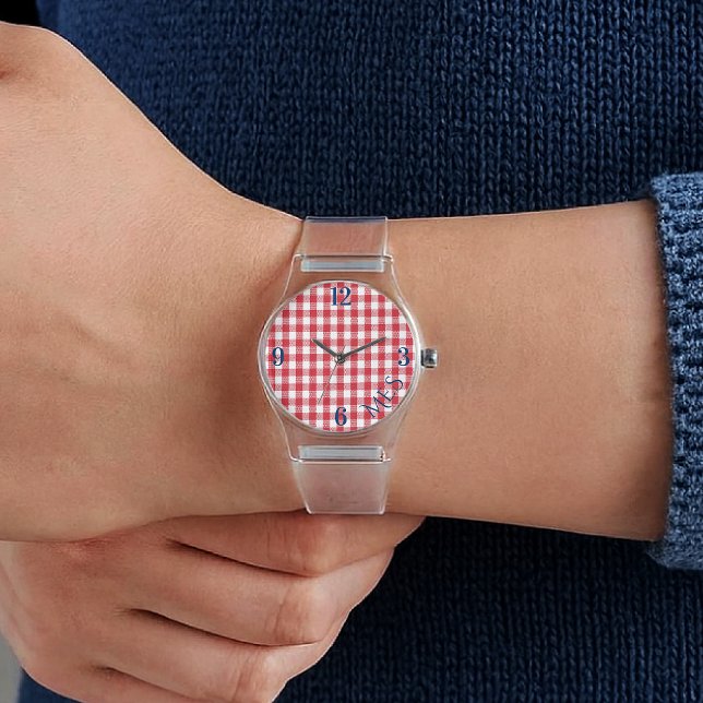 Women's Monogram Red White Gingham Clear Silicone Armbanduhr (Von Creator hochgeladen)