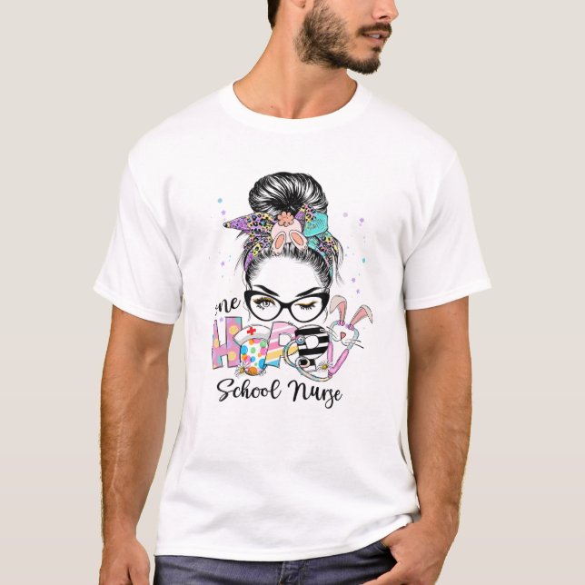 Womens One Hoppy School Nurse Messy Bun Easter Mat T-Shirt (Vorderseite)