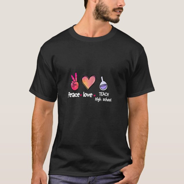 Womens Peace Love Teach High School Pink Hand With T-Shirt (Vorderseite)