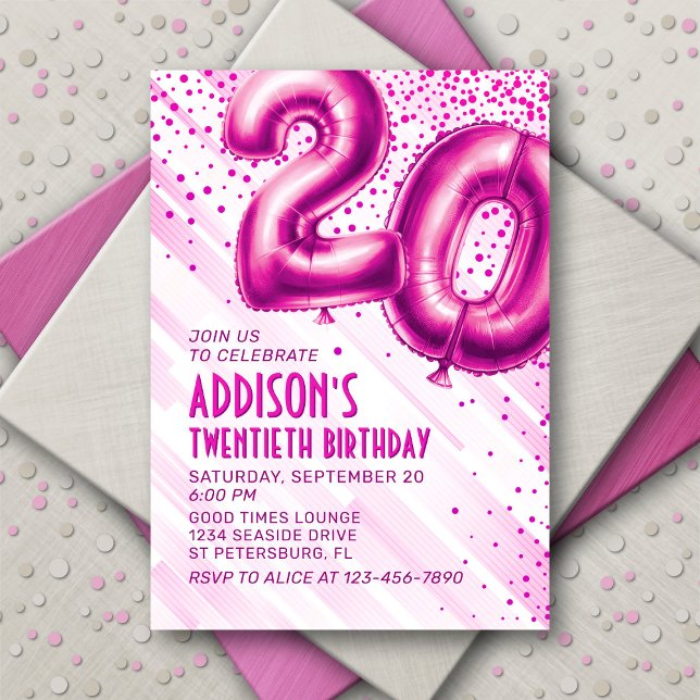 Womens Pink 20th Birthday Invitation (Créateur téléchargé)