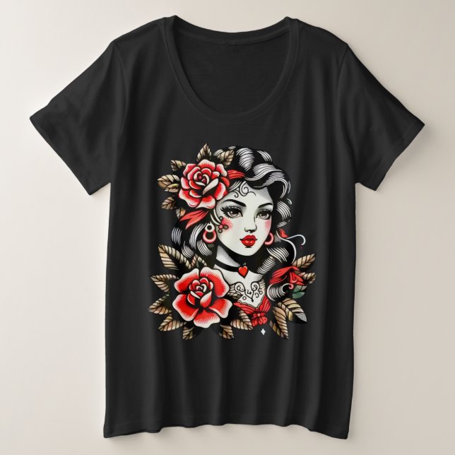 Women's Plus Size Lady with Roses T-Shirt (Design devant)