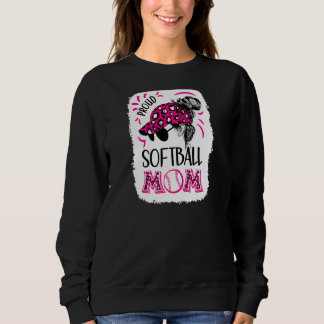 Womens Proud Softball Mama Messy Bun Leopard Pink Sweatshirt