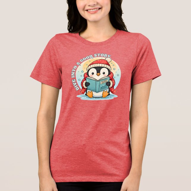 Women's Red Heather Reading Penguin Tri-blend Tee (Vorderseite)