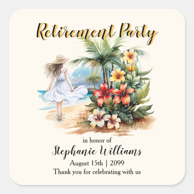 Women's Retirement Beach Aloha Blume Party Quadratischer Aufkleber (Vorderseite)