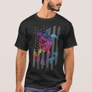 Womens Salty Lil' Beach Turtle American Flag T-Shirt