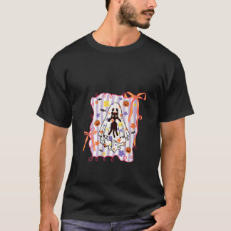 Womens Spooky Ghost Holding Cat Coquette Floral Pu T-Shirt