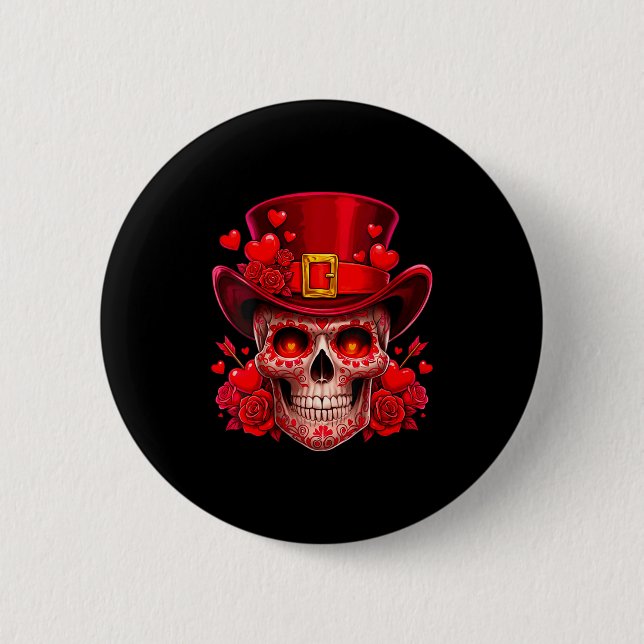 Women's Sugar Skull Valentine Cud Red Roses Couple Button (Vorderseite)