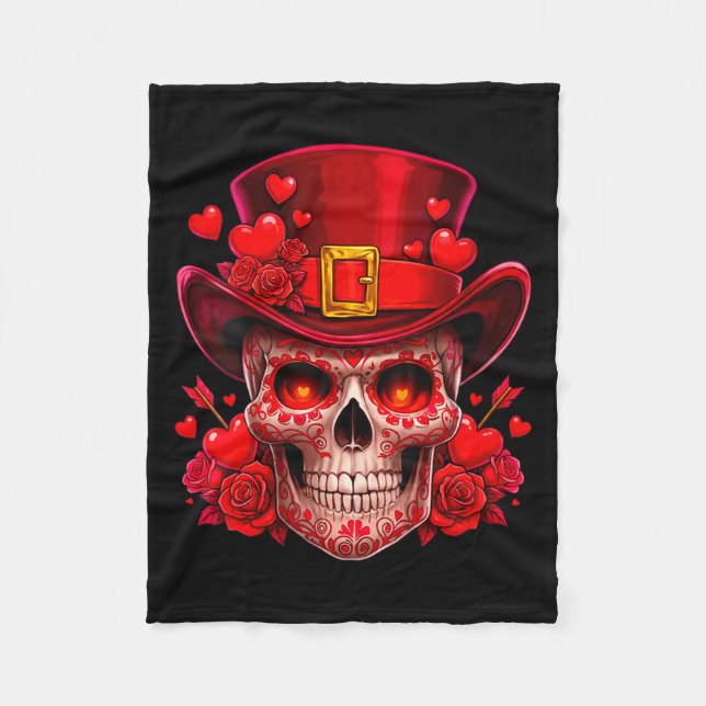 Women's Sugar Skull Valentine Cud Red Roses Couple Fleecedecke (Vorderseite)