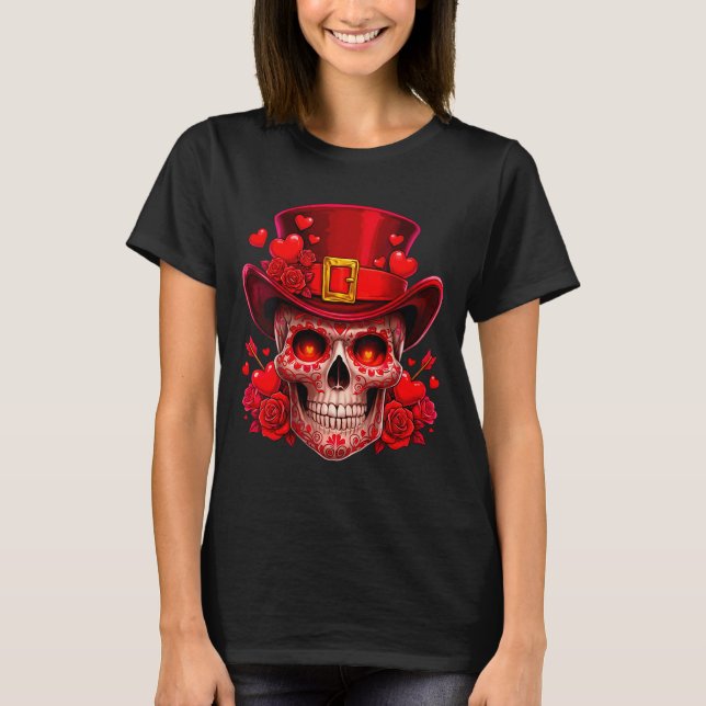 Women's Sugar Skull Valentine Cud Red Roses Couple T-Shirt (Vorderseite)