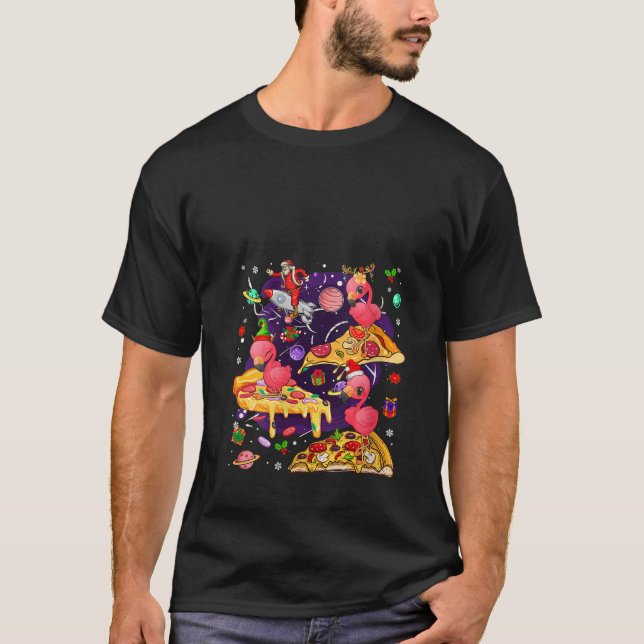Womens Three Santa Reindeer Flamingos Riding Pizza T-Shirt (Vorderseite)