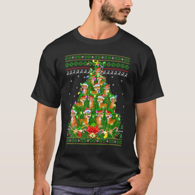 Womens Tiger  Xmas Lights Ugly Tiger Christmas Tre T-Shirt (Vorderseite)