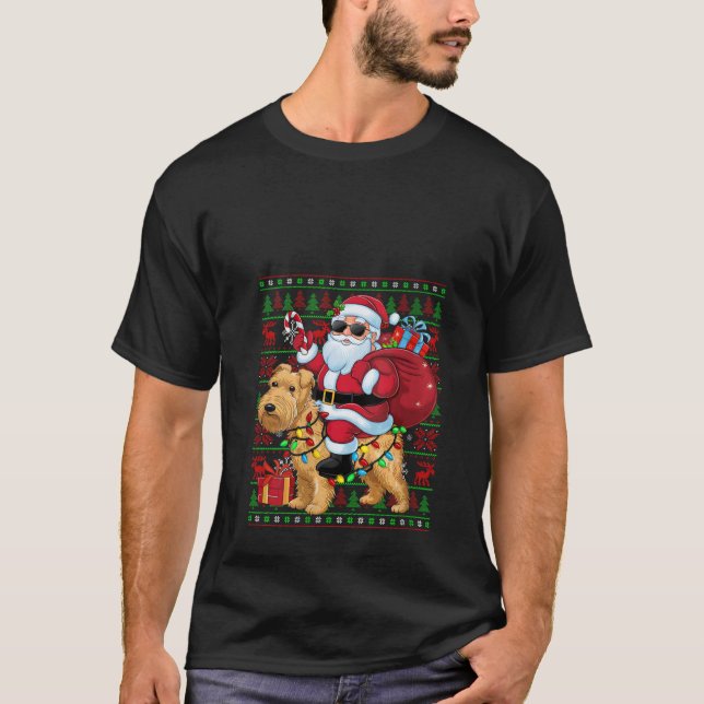 Womens Ugly Xmas Lights Santa Riding Wheaten Terri T-Shirt (Vorderseite)