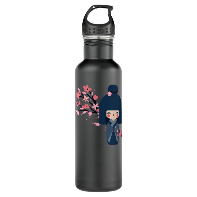 Womens Usaburo Kokeshi Puppe und japanische Sakura Edelstahlflasche (Vorderseite)
