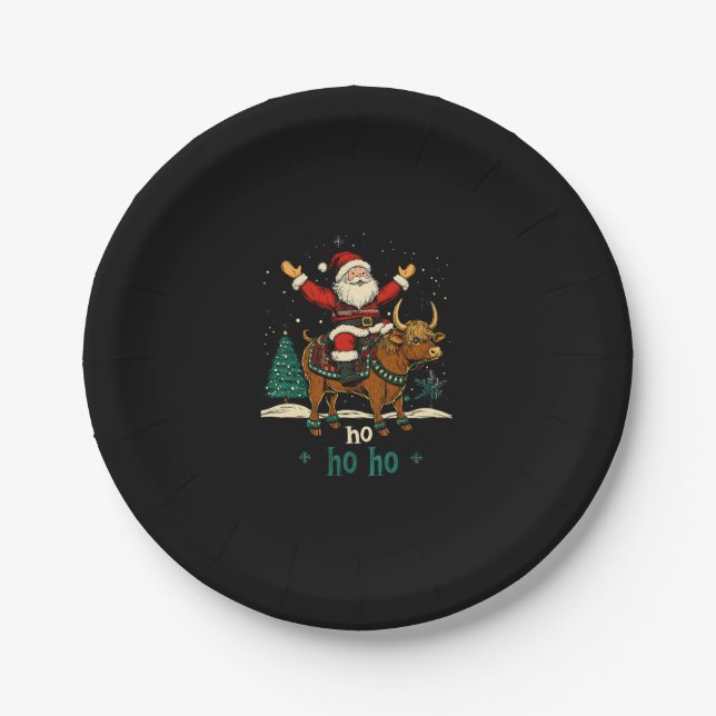 Womens Xmas Tree Lighting Santa Riding Highland Co Pappteller (Vorderseite)