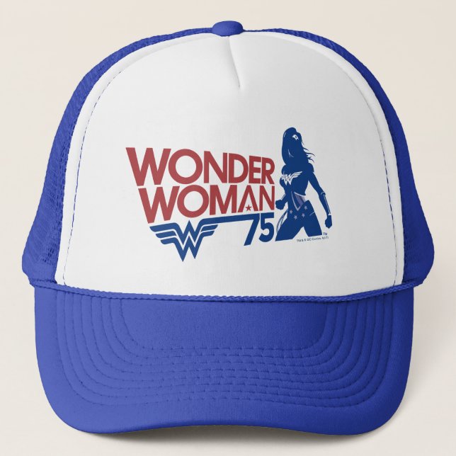 Wonder Woman 75-jähriges Red & Blue Logo Truckerkappe (Vorderseite)