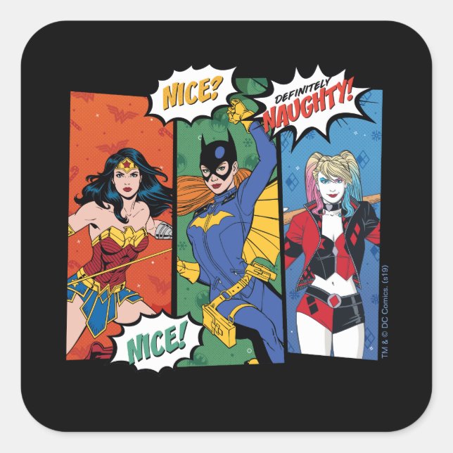 Wonder Woman, Batgirl & Harley Quinn Holiday Quadratischer Aufkleber (Vorderseite)
