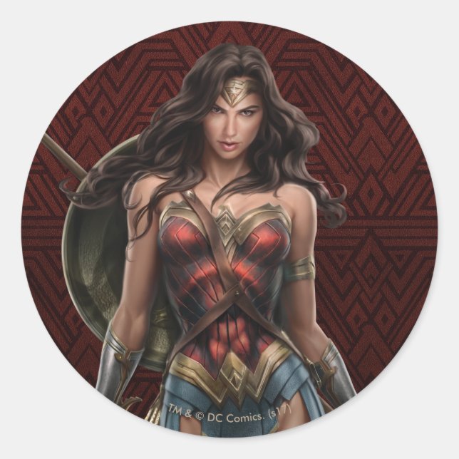 Wonder Woman Battle-Ready Comic Kunst Runder Aufkleber (Vorderseite)