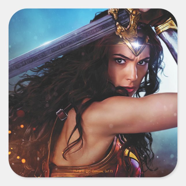 Wonder Woman blockiert mit Schwert Quadratischer Aufkleber (Vorderseite)