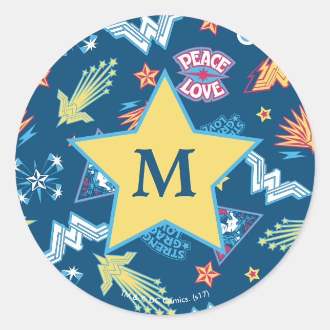 Wonder Woman Icons & Phrases Muster | Monogramm Runder Aufkleber (Vorderseite)