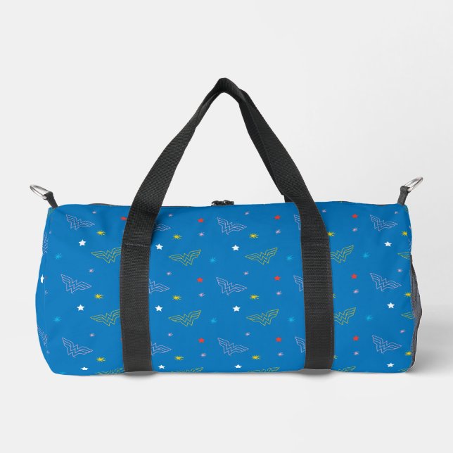Wonder Woman-Logo und Sterne Blaues Muster Duffle Bag (Vorderseite)